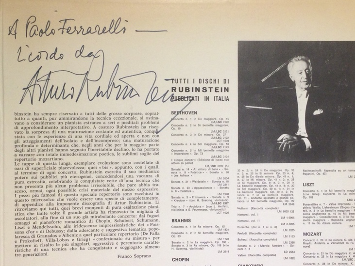 Dedica autografa di Arthur Rubinstein a Paolo Ferrarelli