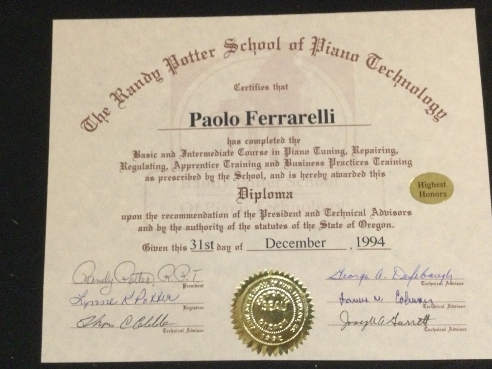 Diploma Randy Potter School of Piano Technology, Highest Honors — 1994