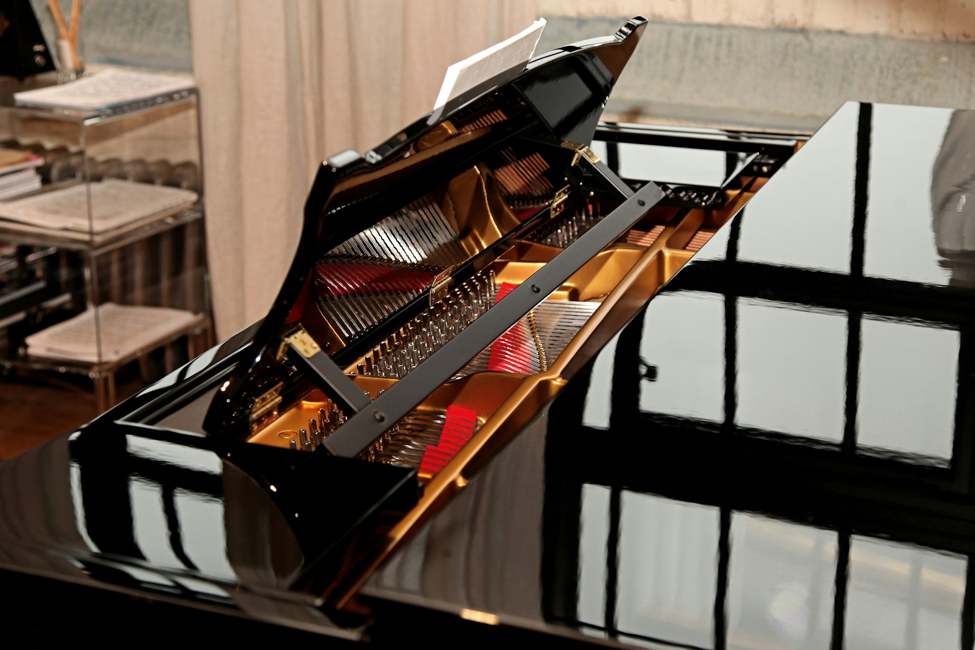Pianoforte a coda con coperchio aperto